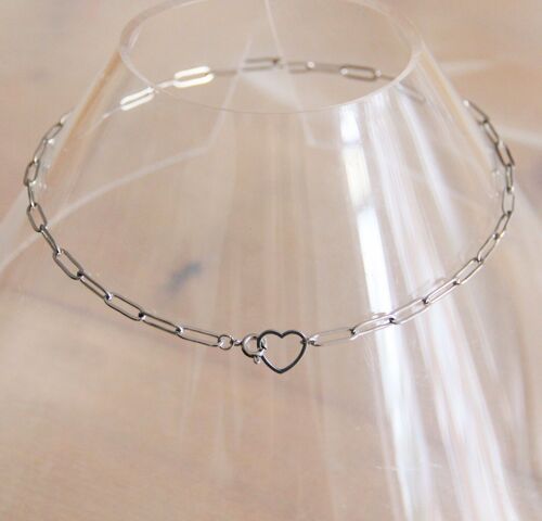 Stainless steel D-chain necklace with open heart closure - silver