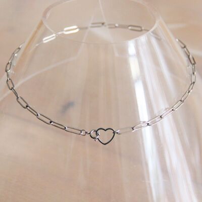Stainless steel D-chain necklace with open heart closure - silver