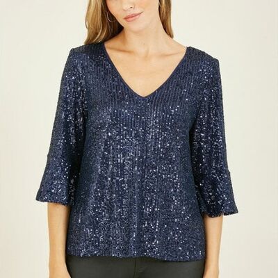 Haut Yumi bleu marine à sequins, coupe décontractée