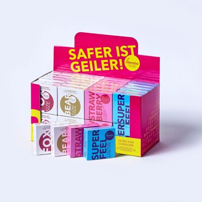 PLUS SÛR EST GEILER Boîte 48 pièces. Présentoir pratique de préservatifs de Loovara