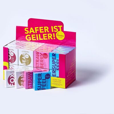 PLUS SÛR EST GEILER Boîte 48 pièces. Présentoir pratique de préservatifs de Loovara