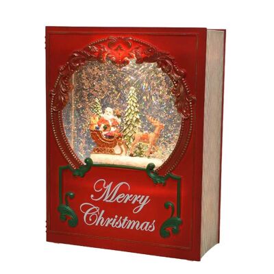 Libro LED navideño con purpurina giratoria con trineo de Papá Noel y música