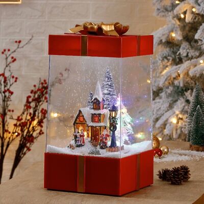 Caja de regalo navideña LED que nieva con función de nieve y música