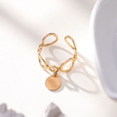Gold multi circle ring with round pendant