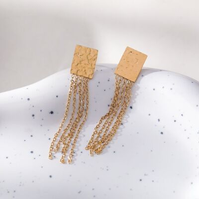 Gold hammered rectangle earrings and dangling chains