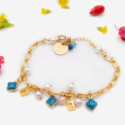 Mademoiselle GK bracelet: blue clover charm, padlock, freshwater pearl