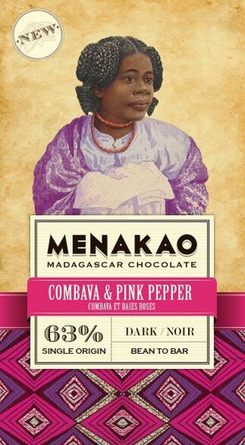 Chocolat Menakao 63% Noir Combava & Baies Roses
