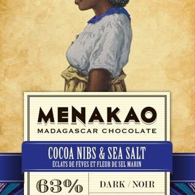 Menakao-Schokolade, 63 % Bohnenchips und Meersalzblüten