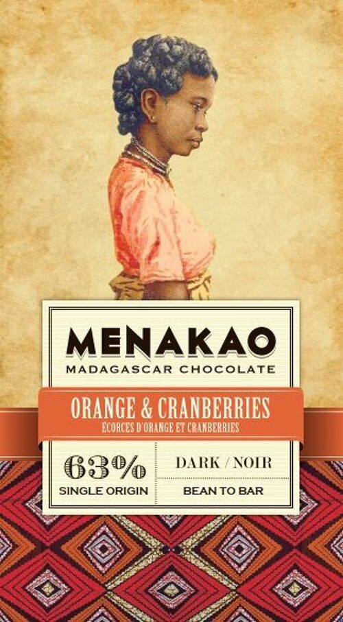 Chocolat Menakao 63% Noir Ecorces d'orange et Cranberries