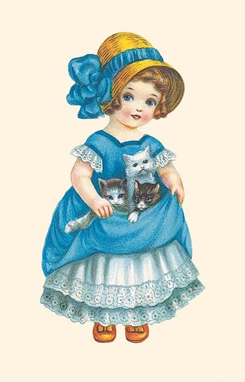 Carte postale fillette et ses 3 chatons