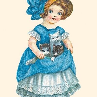 Postal de niña y sus 3 gatitos