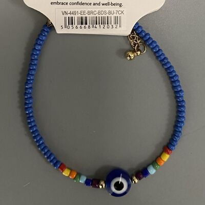 Bracelet mauvais œil, 7 perles chakra, bleu moyen (JIT)