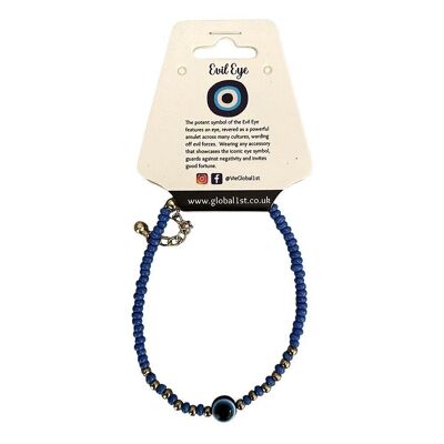 Evil Eye Bracelet with 6 Gold Beads Each Side, Mid Blue (JIT)