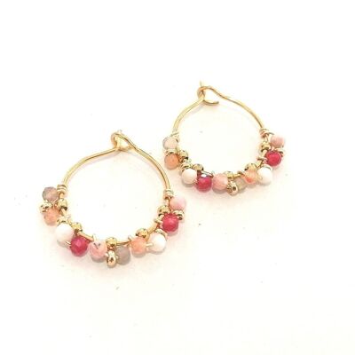 Hoop earrings in gold-plated stainless steel with pink semi-precious stones