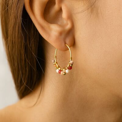 Pendientes de aro de acero chapado en oro con piedras semipreciosas rosas