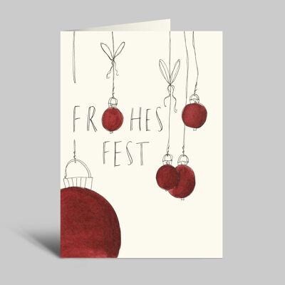 Carte de Noël | Joyeuses Fêtes | boules rouges sur des rubans | Carte pliante A6 au moment de Noël