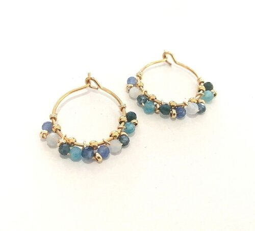 Boucles d'oreilles créoles en acier inoxydable doré avec perles naturelles bleues