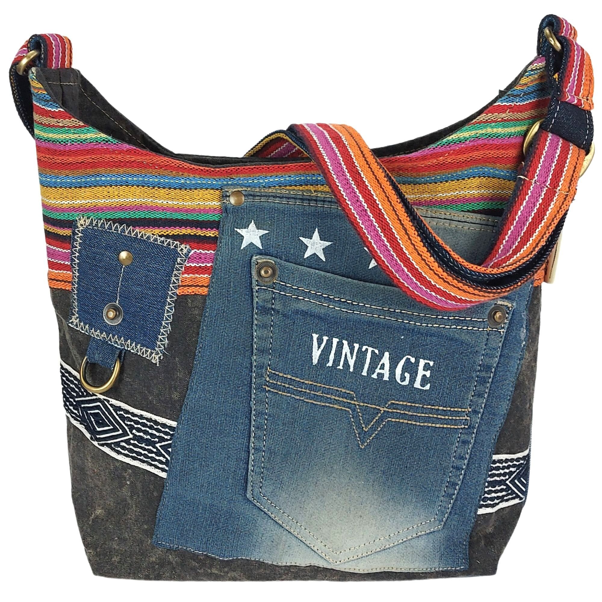 Bolso de hombro sostenible Sunsa elaborado con jeans y lona reciclados. Bolso de mujer vegano