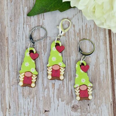 Wooden stitch marker gnome with heart