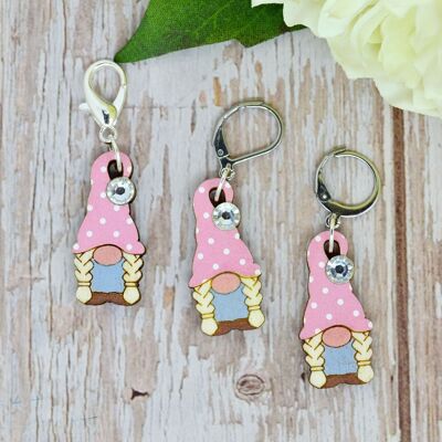 Wooden stitch marker gnome with stone
