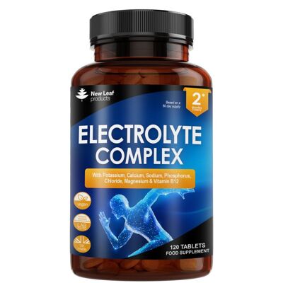 Complesso di elettroliti - 120 compresse di elettroliti ad alta resistenza - Aggiunti di potassio, calcio, sodio, fosforo, cloruro, magnesio e vitamina B12