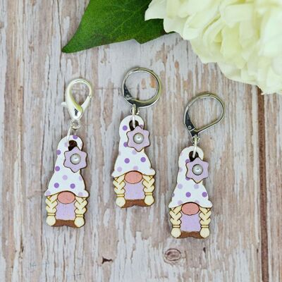 Wooden stitch marker gnome with flower