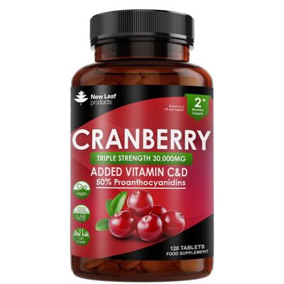 Cranberry-Tabletten mit dreifacher Stärke 30.000 mg – 120 Cranberry-Ergänzungsmittel, angereichert mit Vitamin C und D