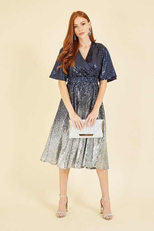 Yumi Navy and Silver Ombre Sequin Midi Wrap Dress