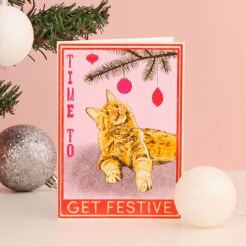 Il est temps d’obtenir une carte de Noël festive pour chat | Carte de Noël drôle de chat 1