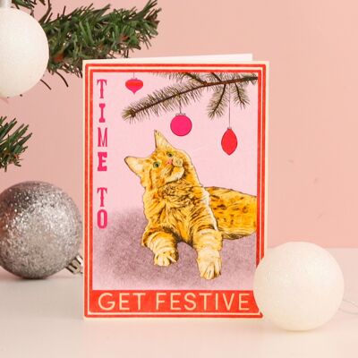 Zeit, eine festliche Katzen-Weihnachtskarte zu bekommen | Lustige Katzen-Weihnachtskarte