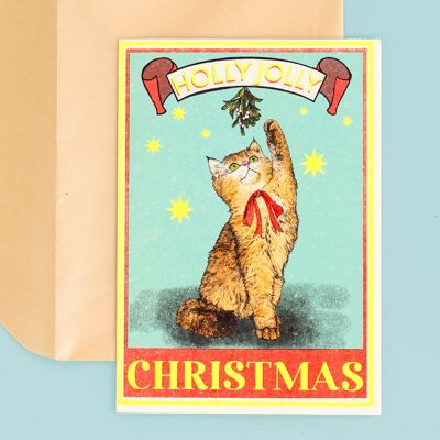Tarjeta de Navidad del gato alegre del acebo | Tarjeta de Navidad divertida del gato