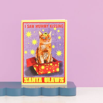 Biglietto di Natale con il gatto che bacia Babbo Natale e gli artigli | Biglietto natalizio con gatto divertente