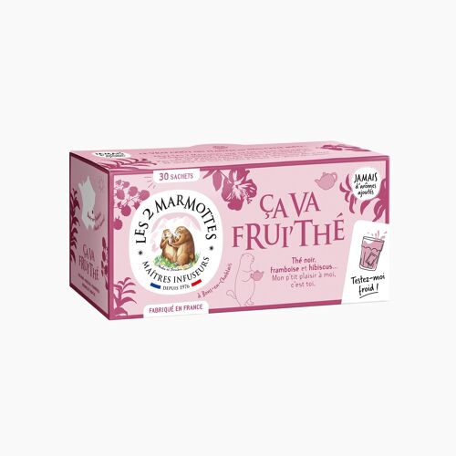 Les 2 Marmottes Thé Ça va Frui'thé - Thé noir BIO Framboise et Hibiscus - Energisant et stimulant - Pour le matin - 30 Sachets par boite - Made in France - 60g