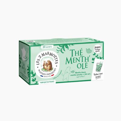Les 2 Marmottes Menth'olé Tea - 100% ORGANIC green tea with sweet and peppermint - Vitality and Freshness - For Breakfast - Cold or Hot - Made In France - No added flavors - 45g