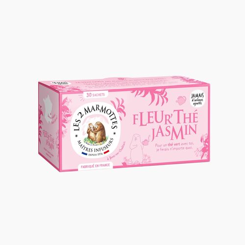 Les 2 Marmottes Fleur’thé Jasmin - Thé vert 100% BIO floral au jasmin - Relaxant et apaisant - Pour le petit-déjeuner - 30 Sachets par boite - Made in France - 60g