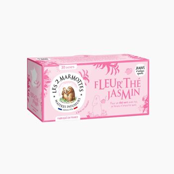 Les 2 Marmottes Fleur’thé Jasmin - Thé vert 100% BIO floral au jasmin - Relaxant et apaisant - Pour le petit-déjeuner - 30 Sachets par boite - Made in France - 60g 1