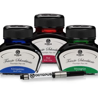 3 x 30ml Octopus writing ink with ink converter, royal blue, red and moss green