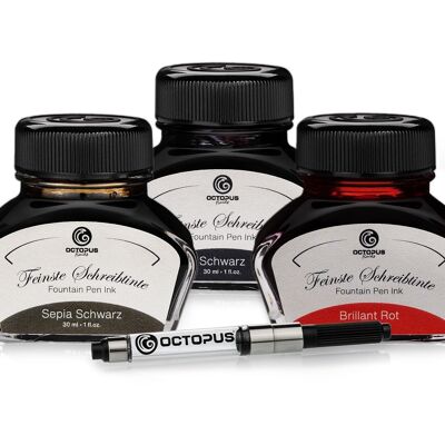 3 x 30ml Octopus writing ink with ink converter, black, sepia and brilliant red