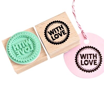 Timbro in legno realizzato a mano - "With Love" - Design circolare - Verde menta