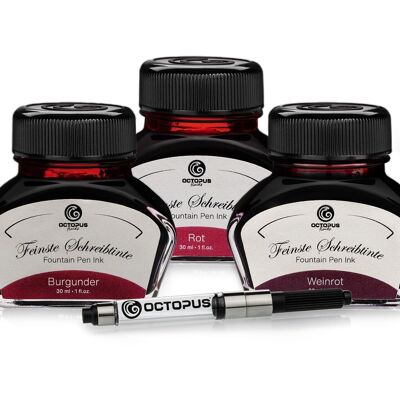 3 x 30ml Octopus writing ink with ink converter, burgundy, red and wine red
