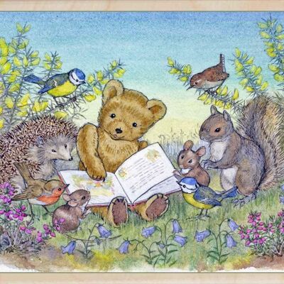 Holzpostkarte „Teddy liest eine Geschichte“-Karte
