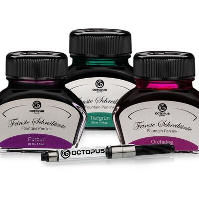 3 x 30ml Octopus writing ink with ink converter, purple, deep green and orchid