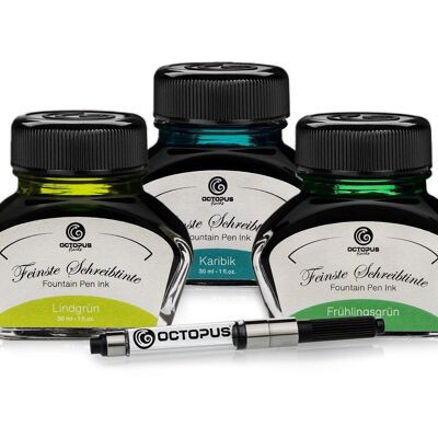3 x 30ml Octopus writing ink with ink converter, lime green, Caribbean and spring green