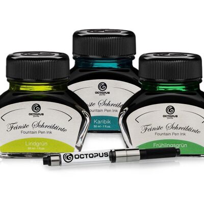 3 x 30ml Octopus writing ink with ink converter, lime green, Caribbean and spring green