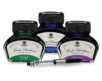 3 x 30 ml d'encre d'écriture Octopus avec convertisseur d'encre, vert mousse, bleu outremer et aubergine 1