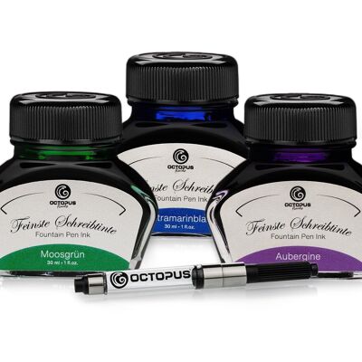 3 x 30ml Octopus writing ink with ink converter, moss green, ultramarine blue and eggplant