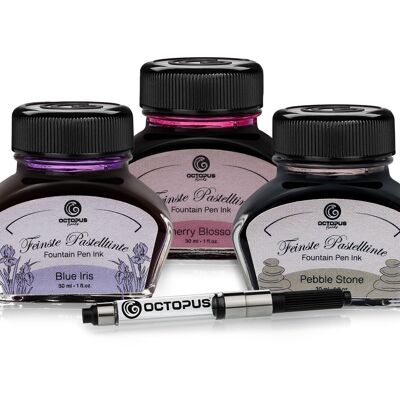 3 x 30 ml Octopus writing ink pastel with converter, Blue Iris, Cherry Blossom and Pebble Stone