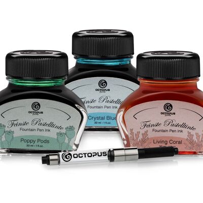 3 x 30 ml Octopus writing ink pastel with converter, Poppy Pods, Crystal Blue and Living Coral