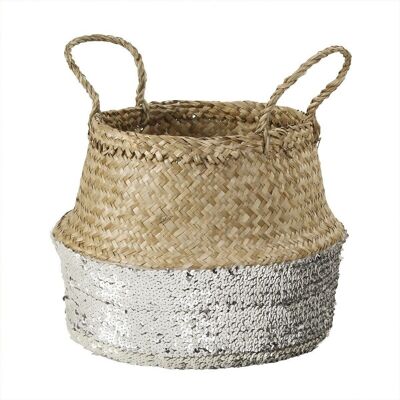 Round woven seagrass basket in silver sequin