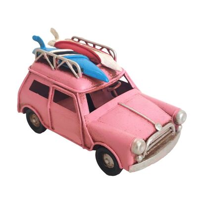Miniatura di auto retrò in metallo rosa con tavole da surf